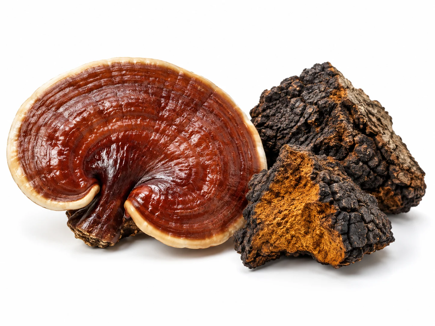 Ilustrasi cendawan Reishi merah perang bersama ketulan Chaga