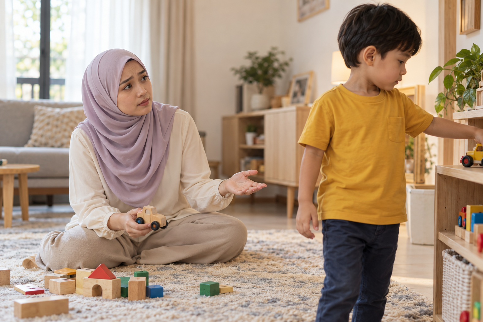 Ilustrasi AI ibu mengajak bermain bersama ketika perhatian anak beralih ke mainan lain