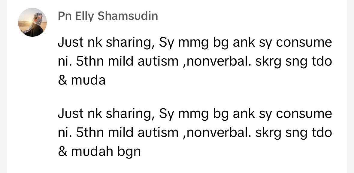Just nk sharing, Sy mmg bg ank sy consume ni. 5thn mild autism ,nonverbal. skrg sng tdo & muda

Just nk sharing, Sy mmg bg ank sy consume ni. 5thn mild autism ,nonverbal. skrg sng tdo & mudah bgn